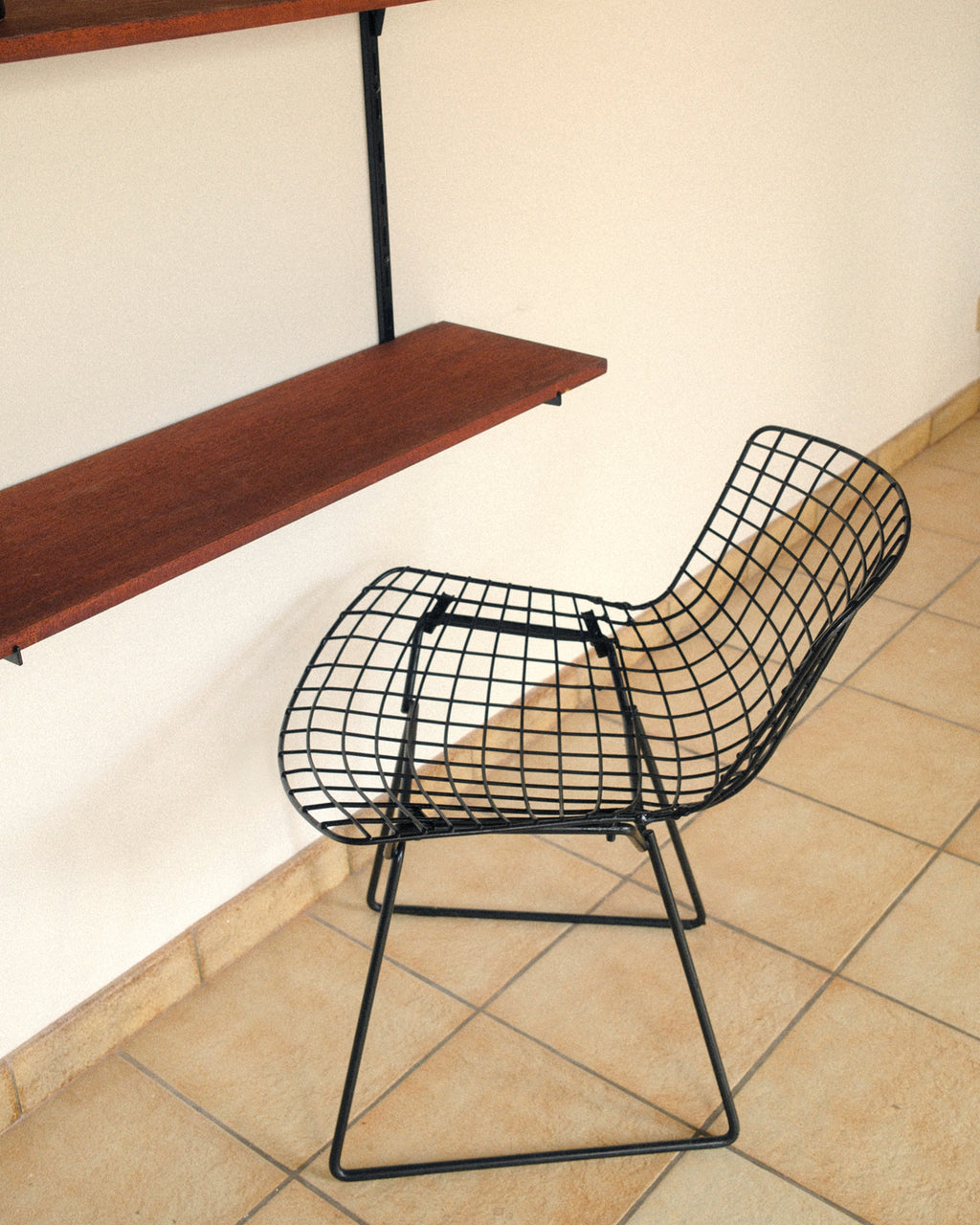 Modular wall unit, teak veneer shelves and black metal uprights