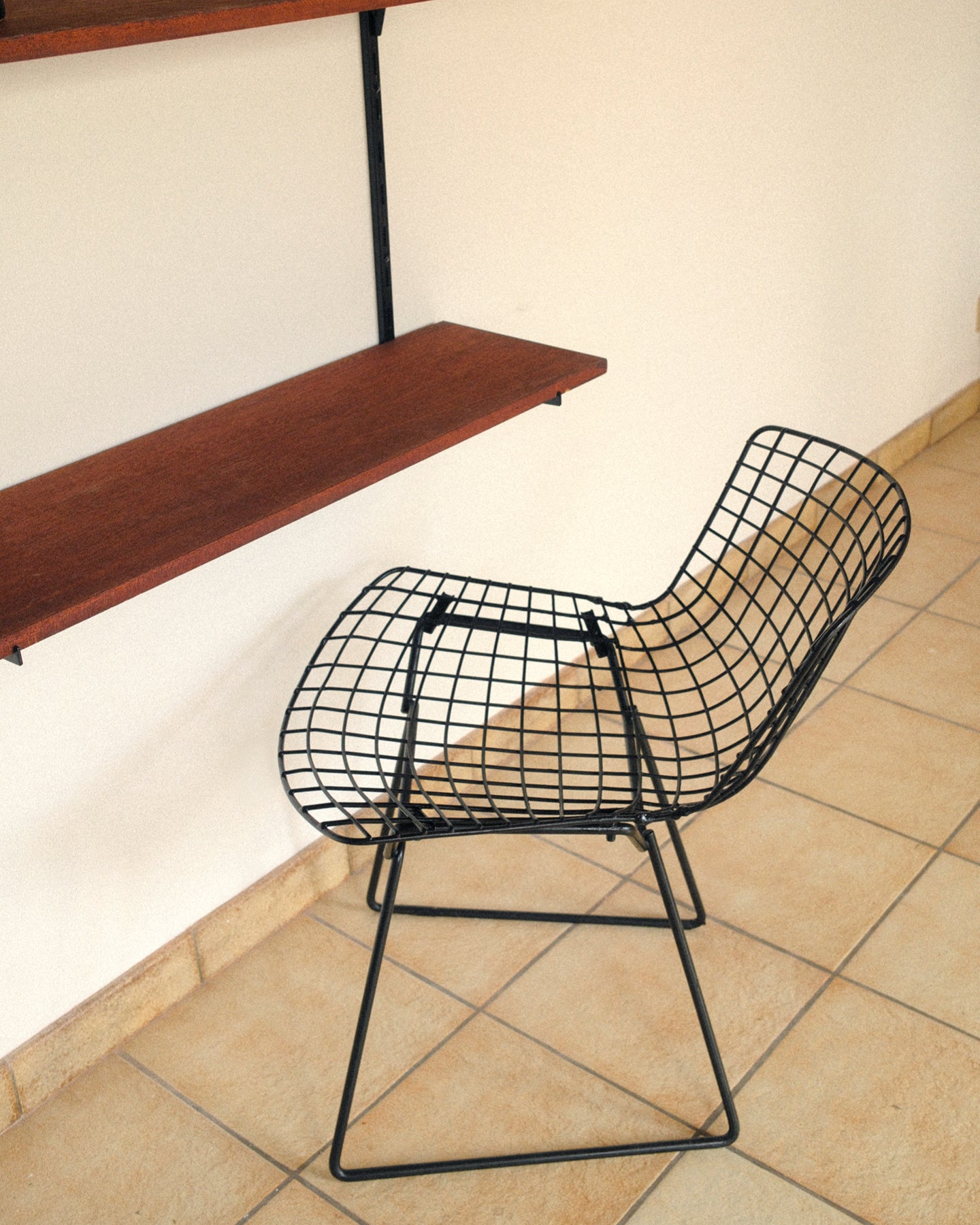 Modular wall unit, teak veneer shelves and black metal uprights