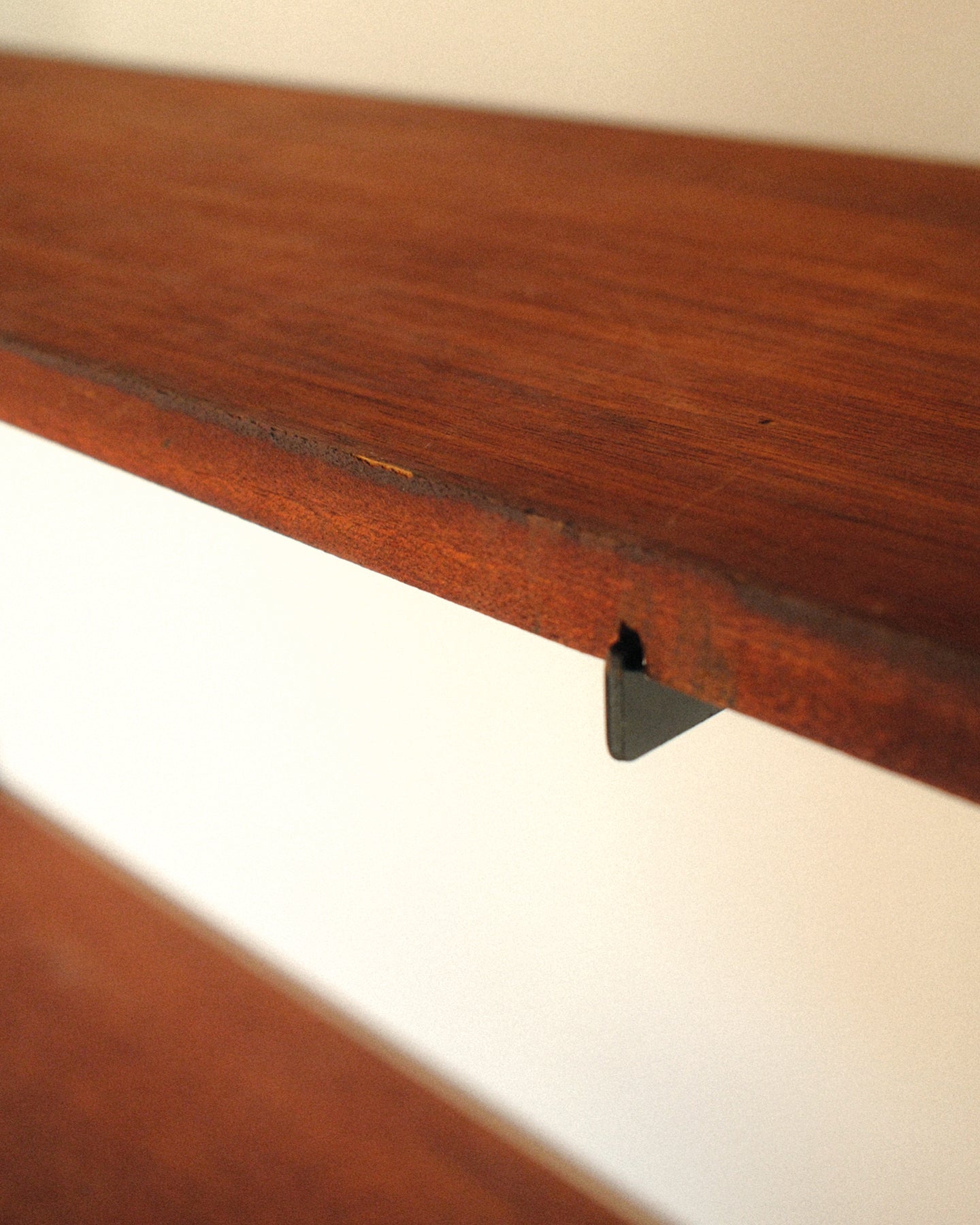 Modular wall unit, teak veneer shelves and black metal uprights