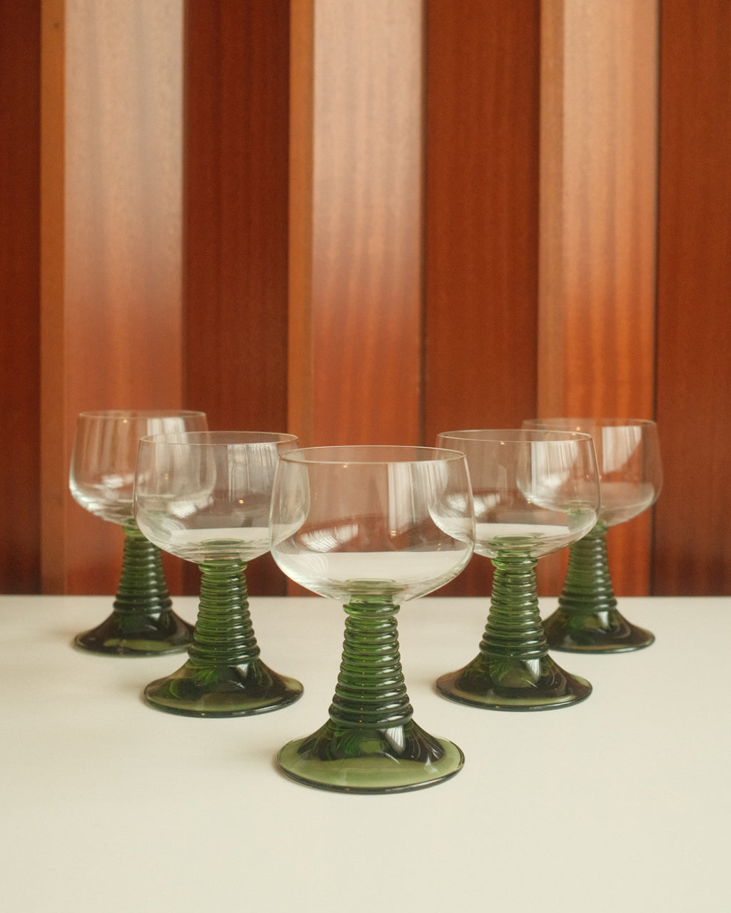 Six Roemer wine glasses with green stem